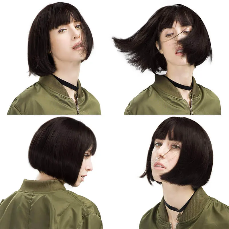 10 Inch Realistic Look Silk Top Straight Bob Wig with Bangs - 4 colors