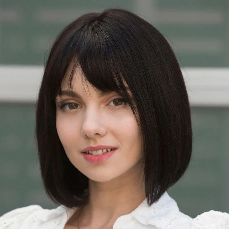 10 Inch Realistic Look Silk Top Straight Bob Wig with Bangs - 4 colors
