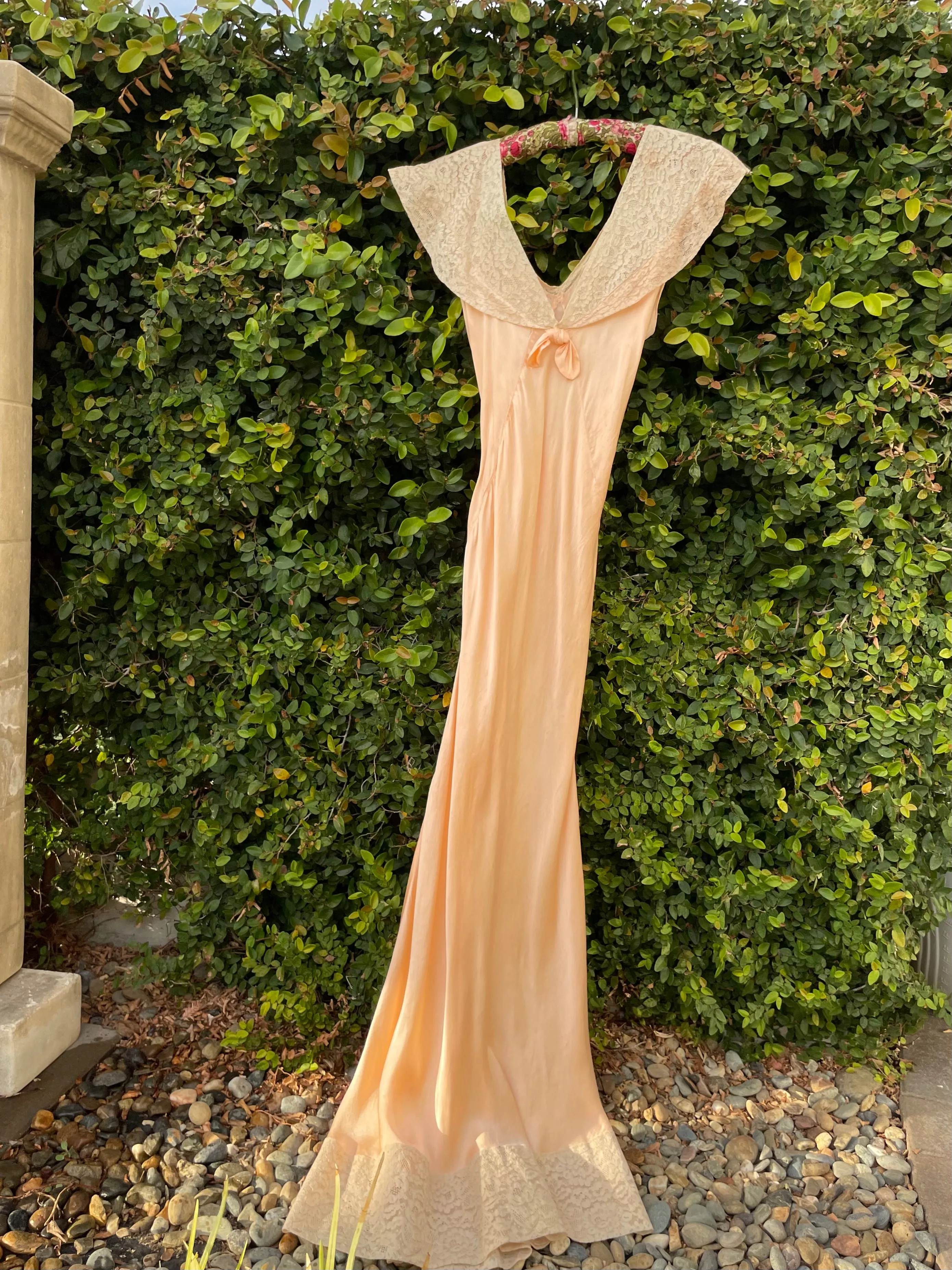 1930s Off The Shoulder Silk & Lace Bias Cut Slip Dress