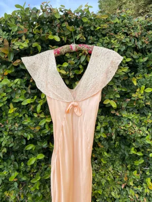1930s Off The Shoulder Silk & Lace Bias Cut Slip Dress