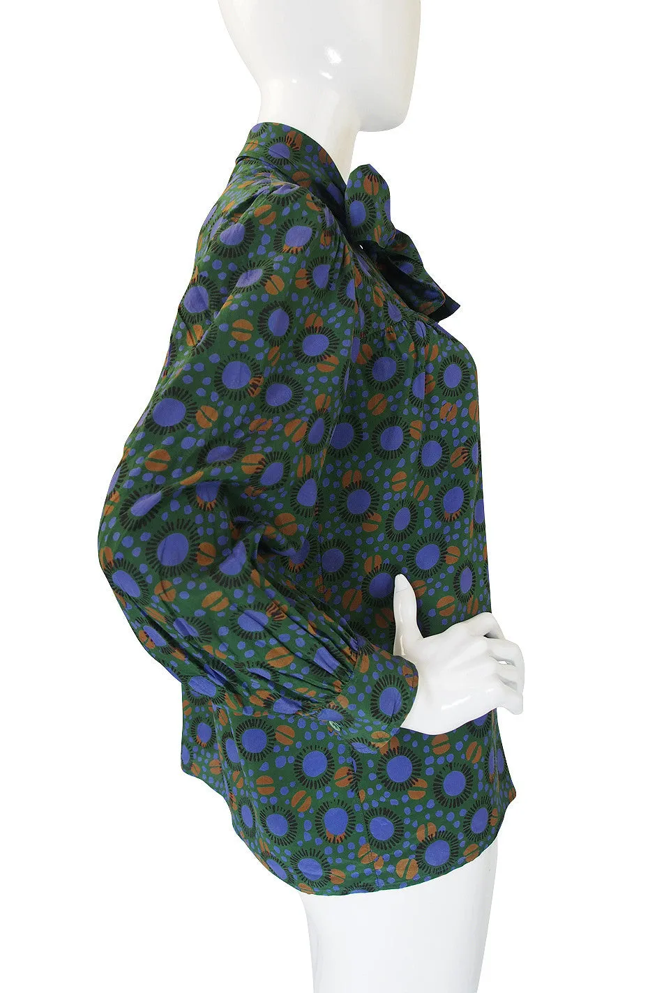 1970s Yves Saint Laurent Green Print Silk Top