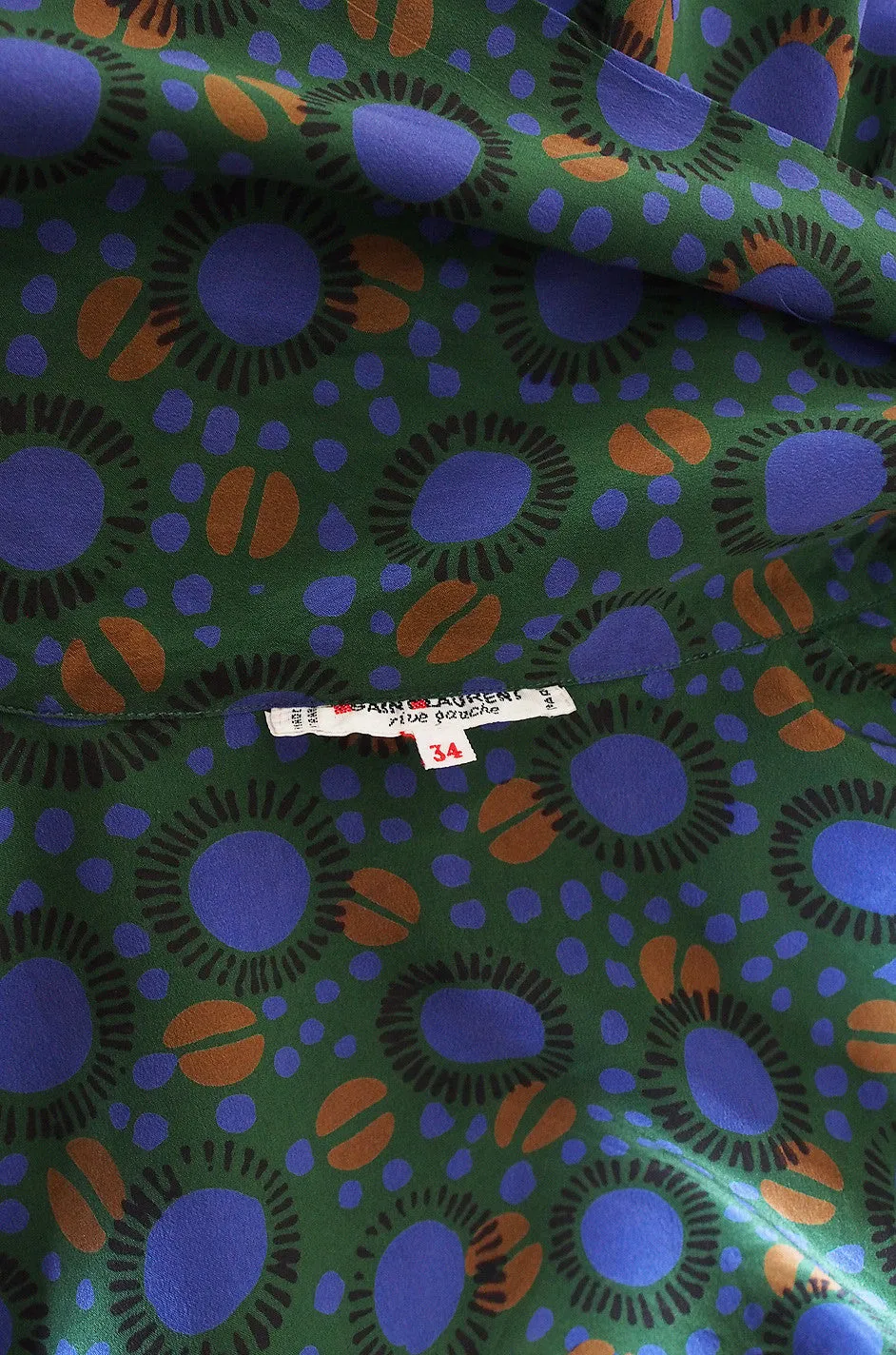 1970s Yves Saint Laurent Green Print Silk Top