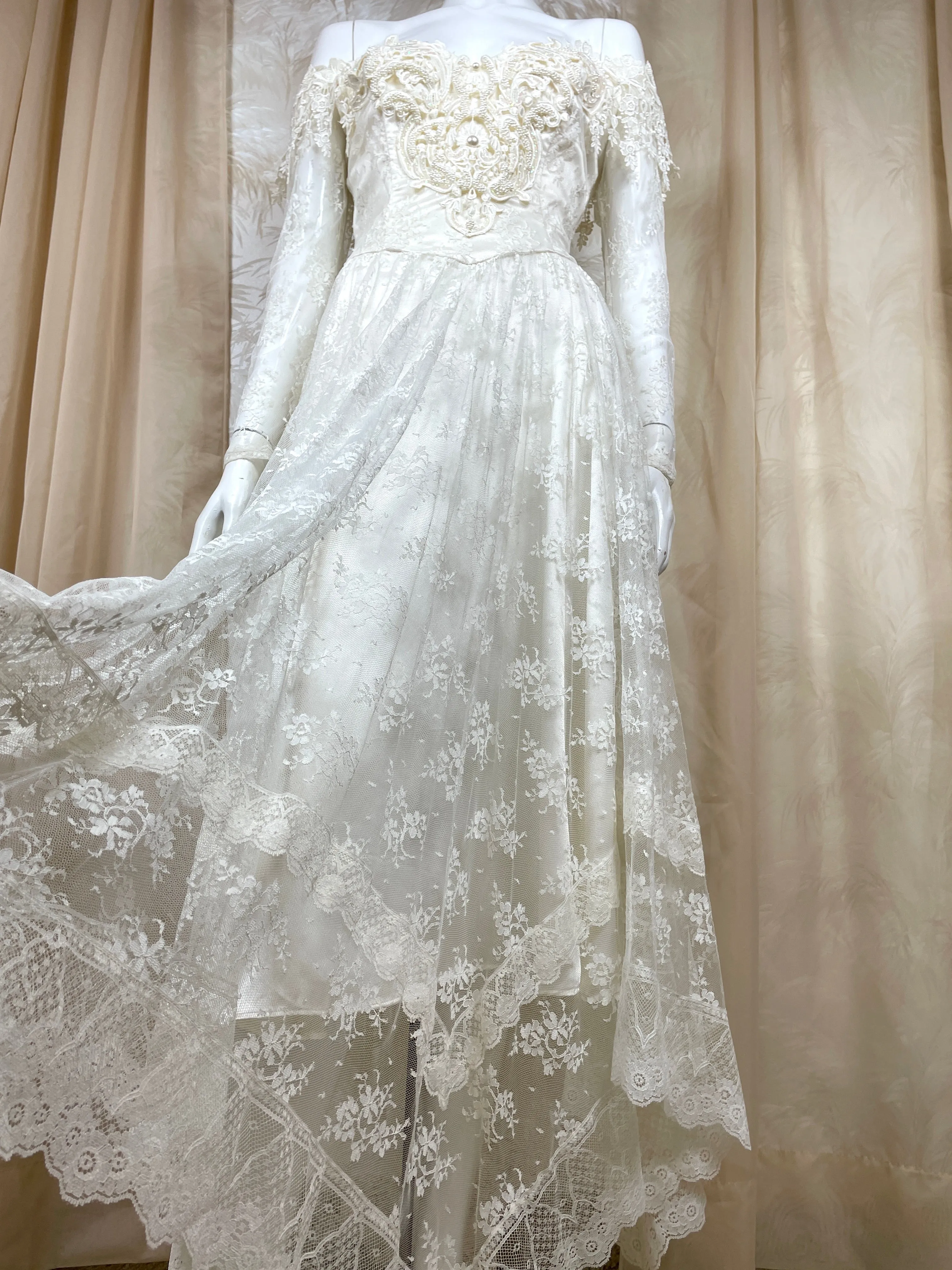 1980's JM Handkerchief Lace off the Shoulder Dress