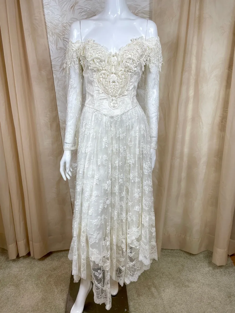 1980's JM Handkerchief Lace off the Shoulder Dress