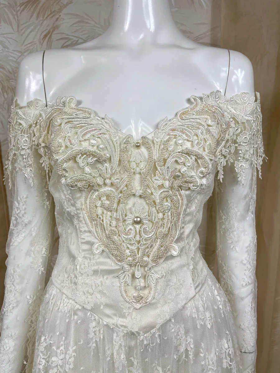 1980's JM Handkerchief Lace off the Shoulder Dress