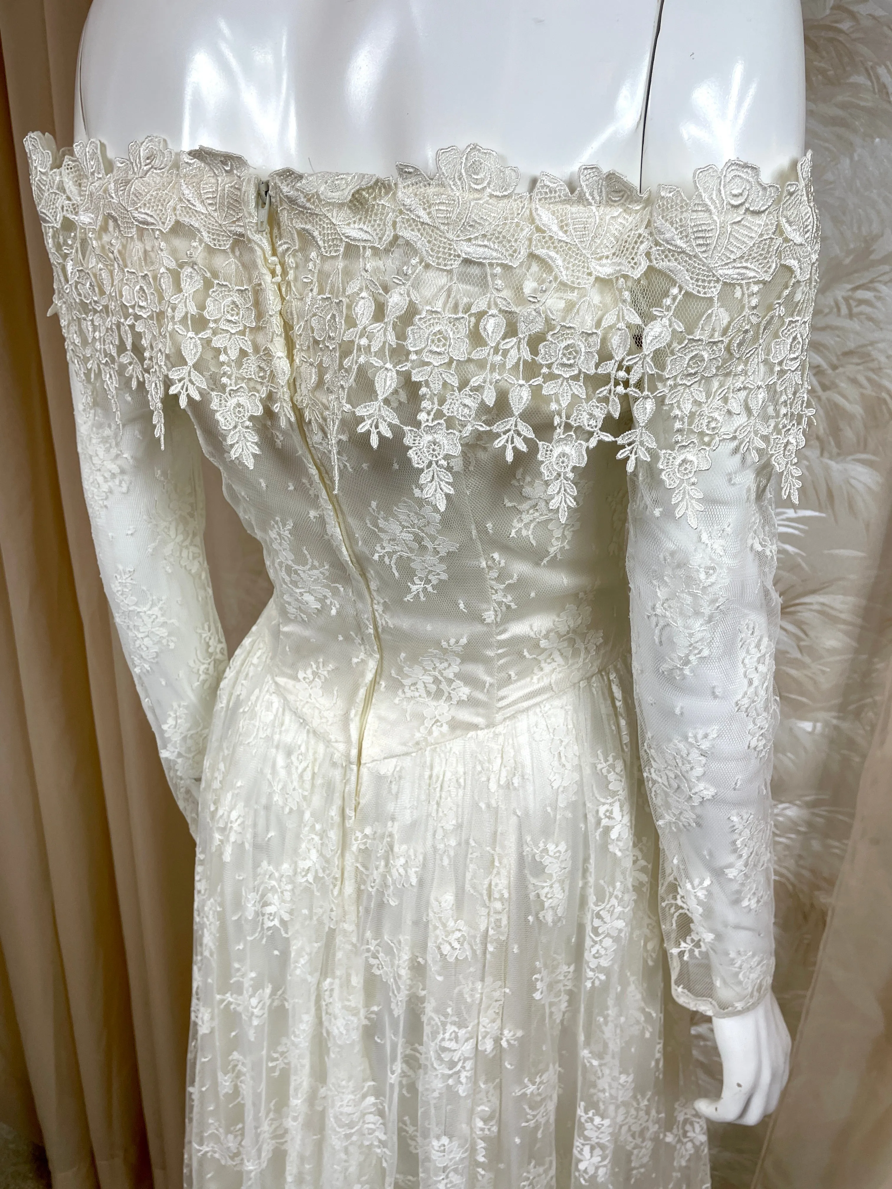 1980's JM Handkerchief Lace off the Shoulder Dress