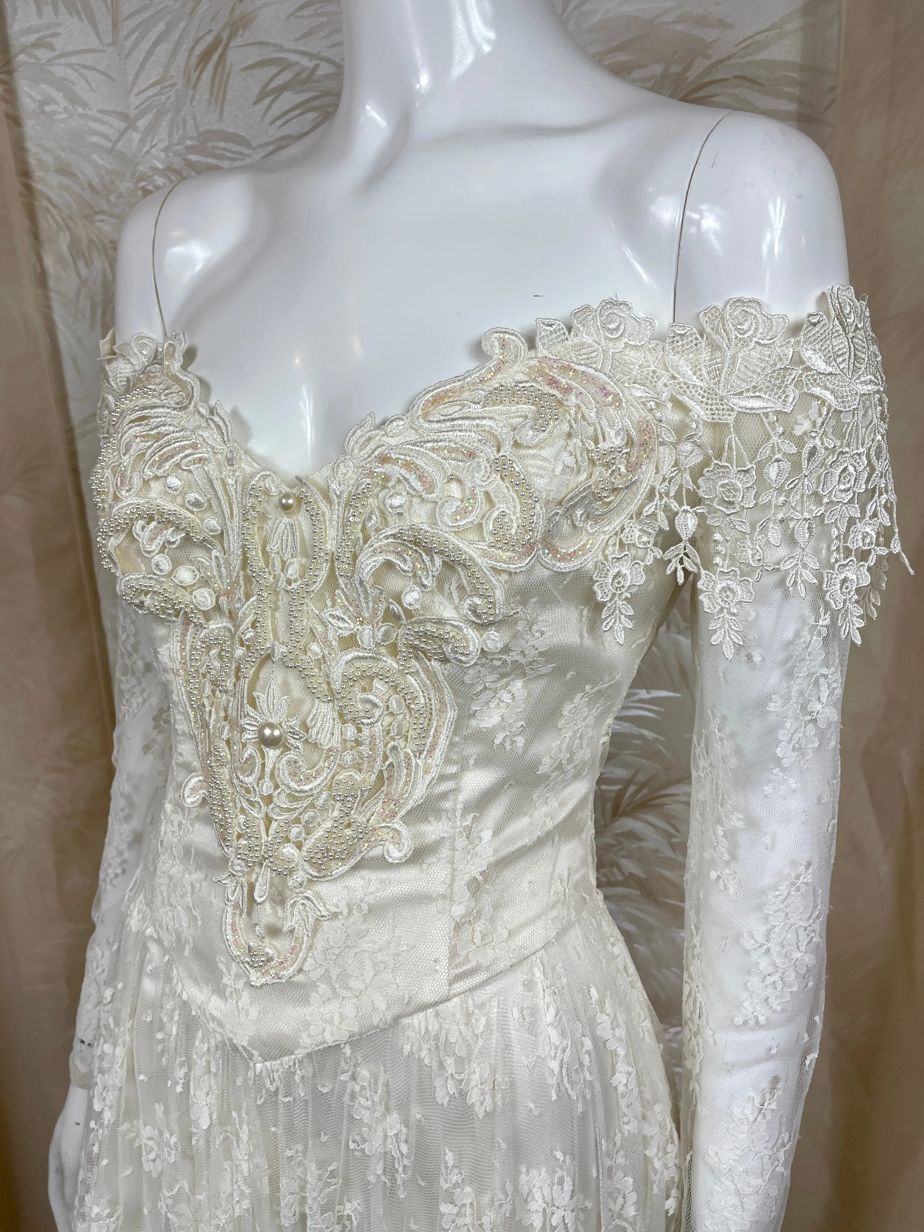 1980's JM Handkerchief Lace off the Shoulder Dress