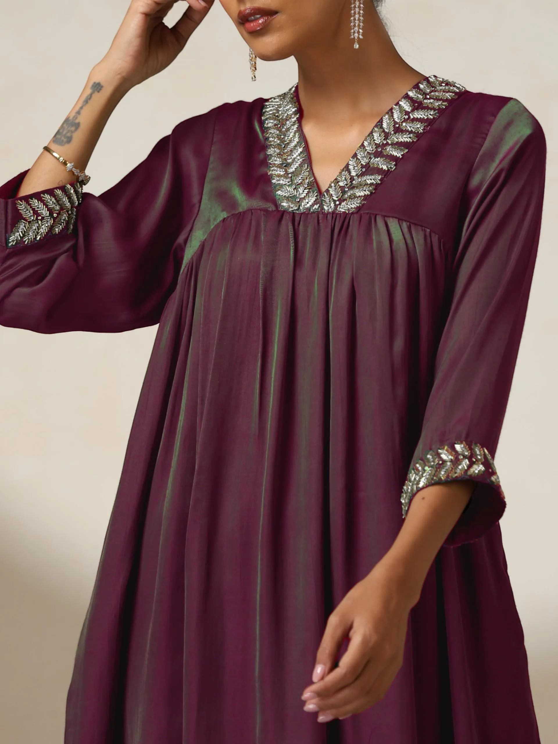 2 pc SET - Purple and Green Dual Shade viscose Satin Top and Bottom Set With Hand embroidery on Neck and Sleeve