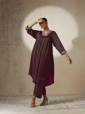 2 pc SET - Purple and Green Dual Shade viscose Satin Top and Bottom Set With Hand embroidery on Neck and Sleeve