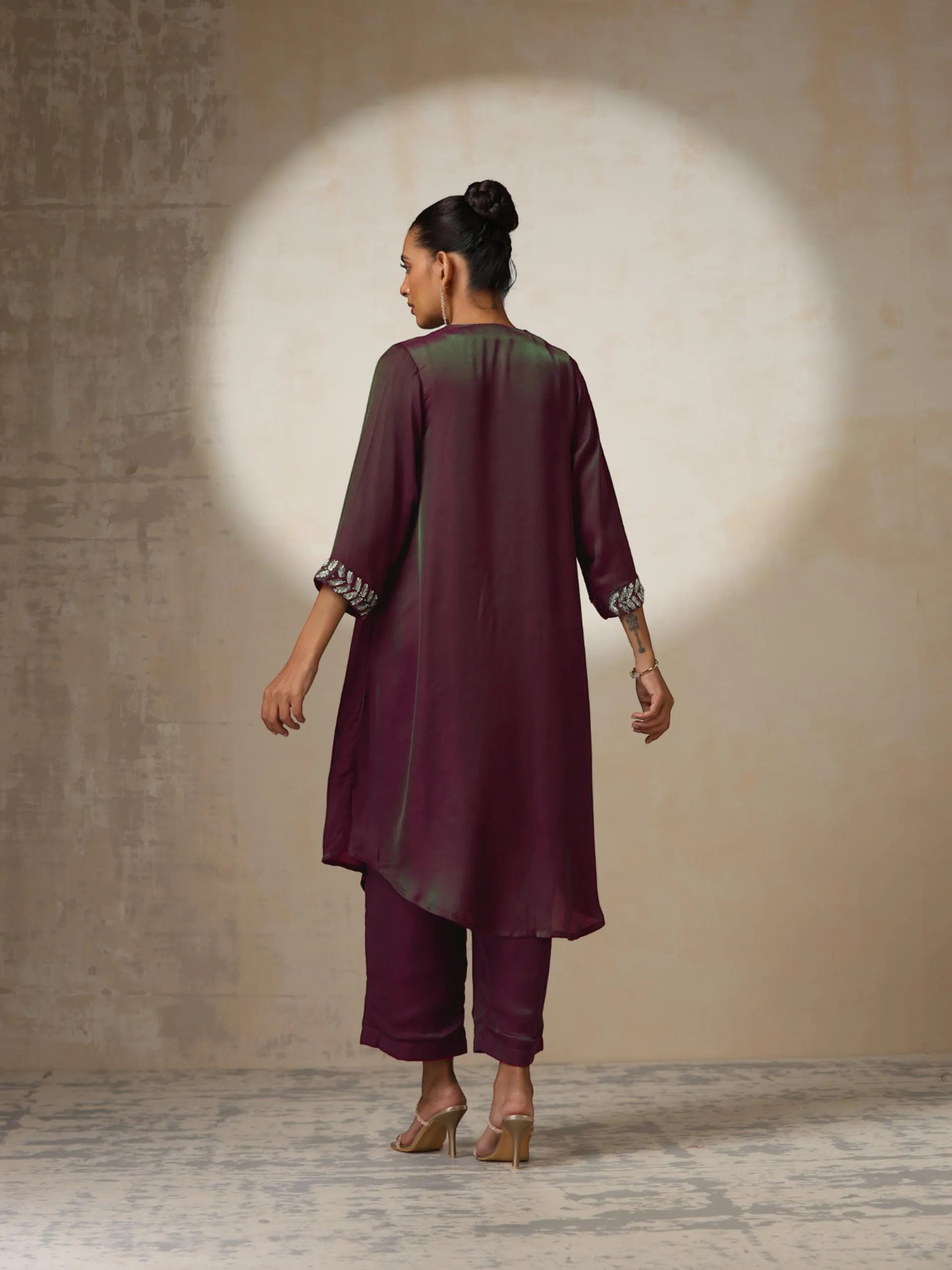 2 pc SET - Purple and Green Dual Shade viscose Satin Top and Bottom Set With Hand embroidery on Neck and Sleeve