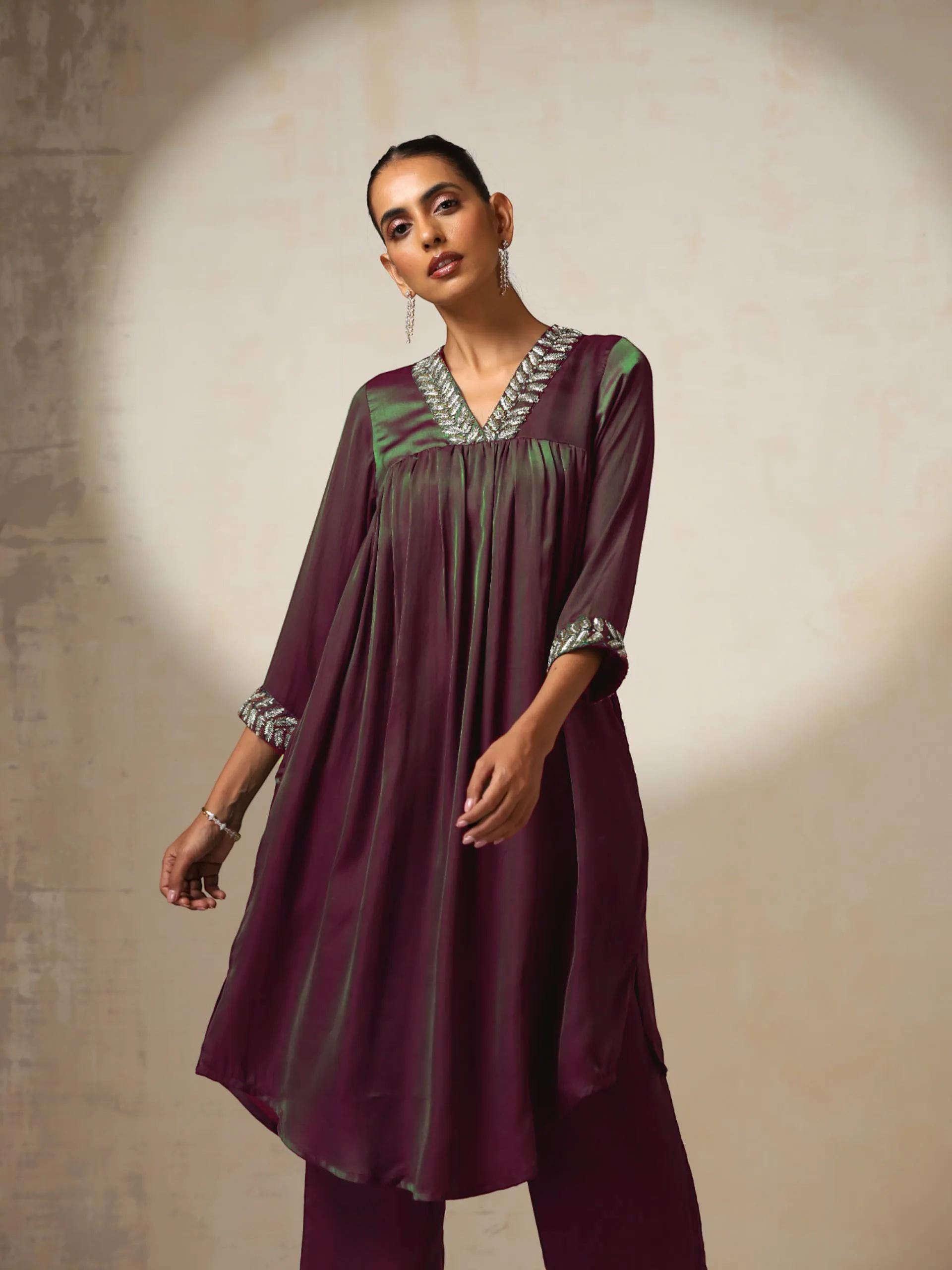 2 pc SET - Purple and Green Dual Shade viscose Satin Top and Bottom Set With Hand embroidery on Neck and Sleeve
