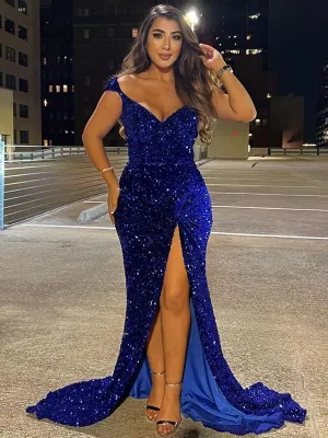 2025 Royal Blue Sequin Mermaid Prom Dresses Off the Shoulder Formal Gown Long