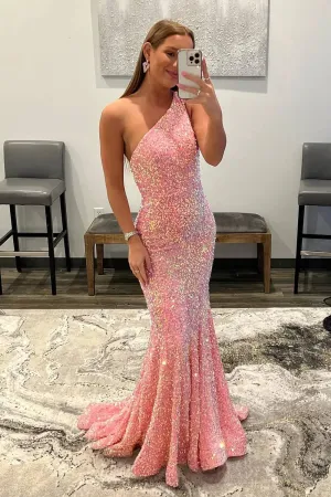 2025 Sparkly Sequins Mermaid Prom Dresses One Shoulder Long Formal Dress