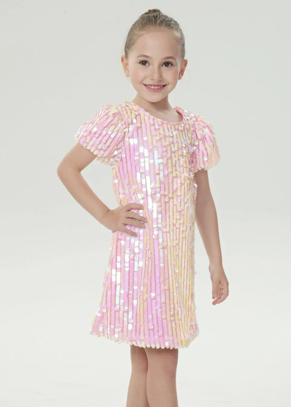 2Bunnies Girls' Cameo Blush Sequin Puff Sleeve Dress