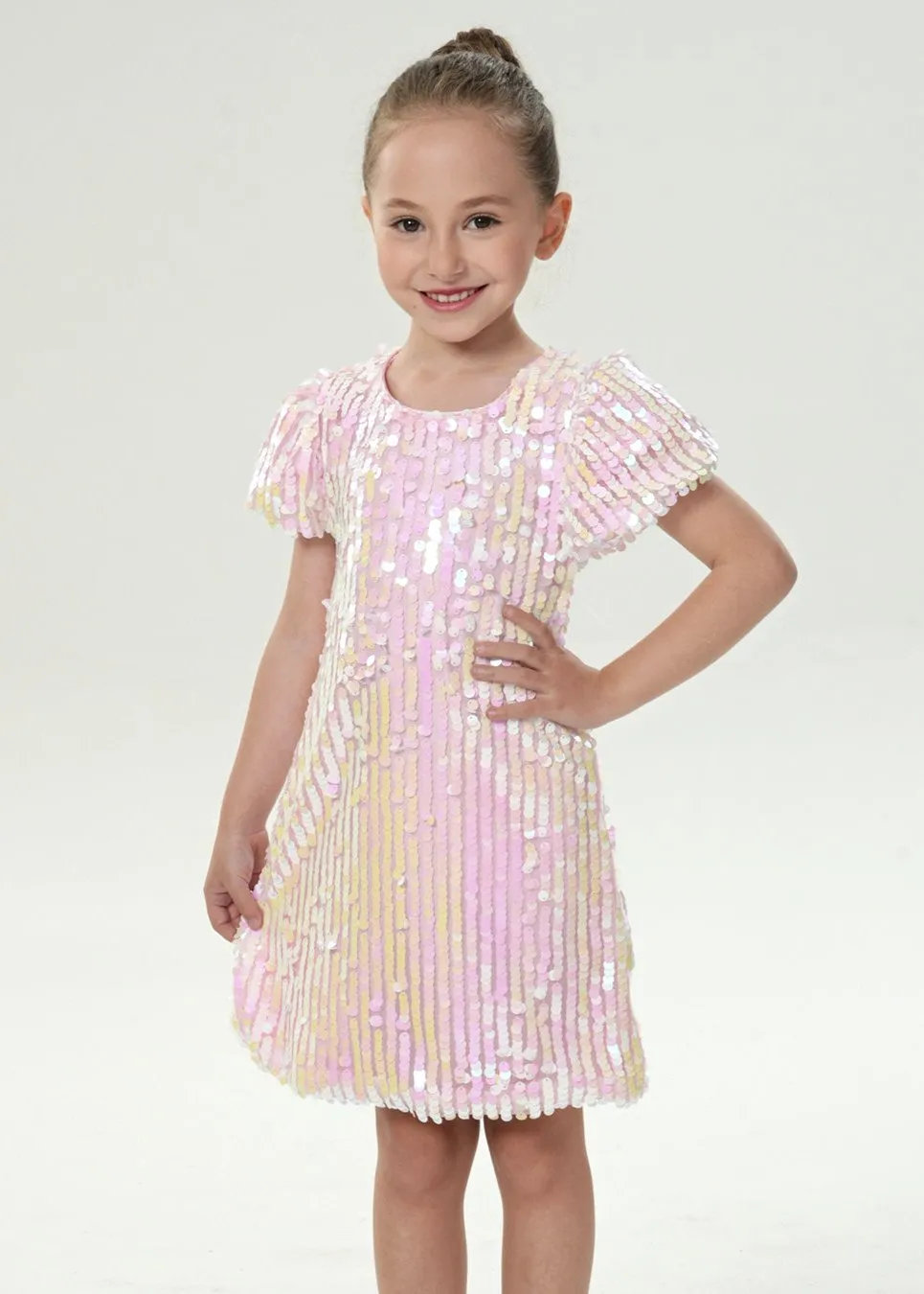 2Bunnies Girls' Cameo Blush Sequin Puff Sleeve Dress