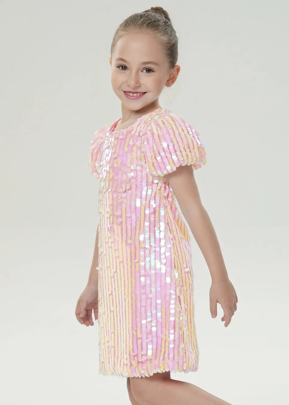 2Bunnies Girls' Cameo Blush Sequin Puff Sleeve Dress