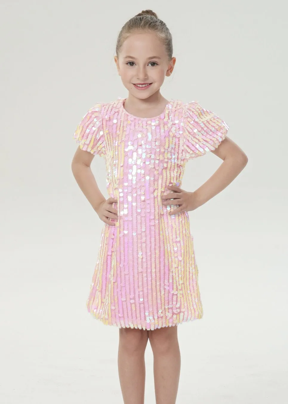 2Bunnies Girls' Cameo Blush Sequin Puff Sleeve Dress