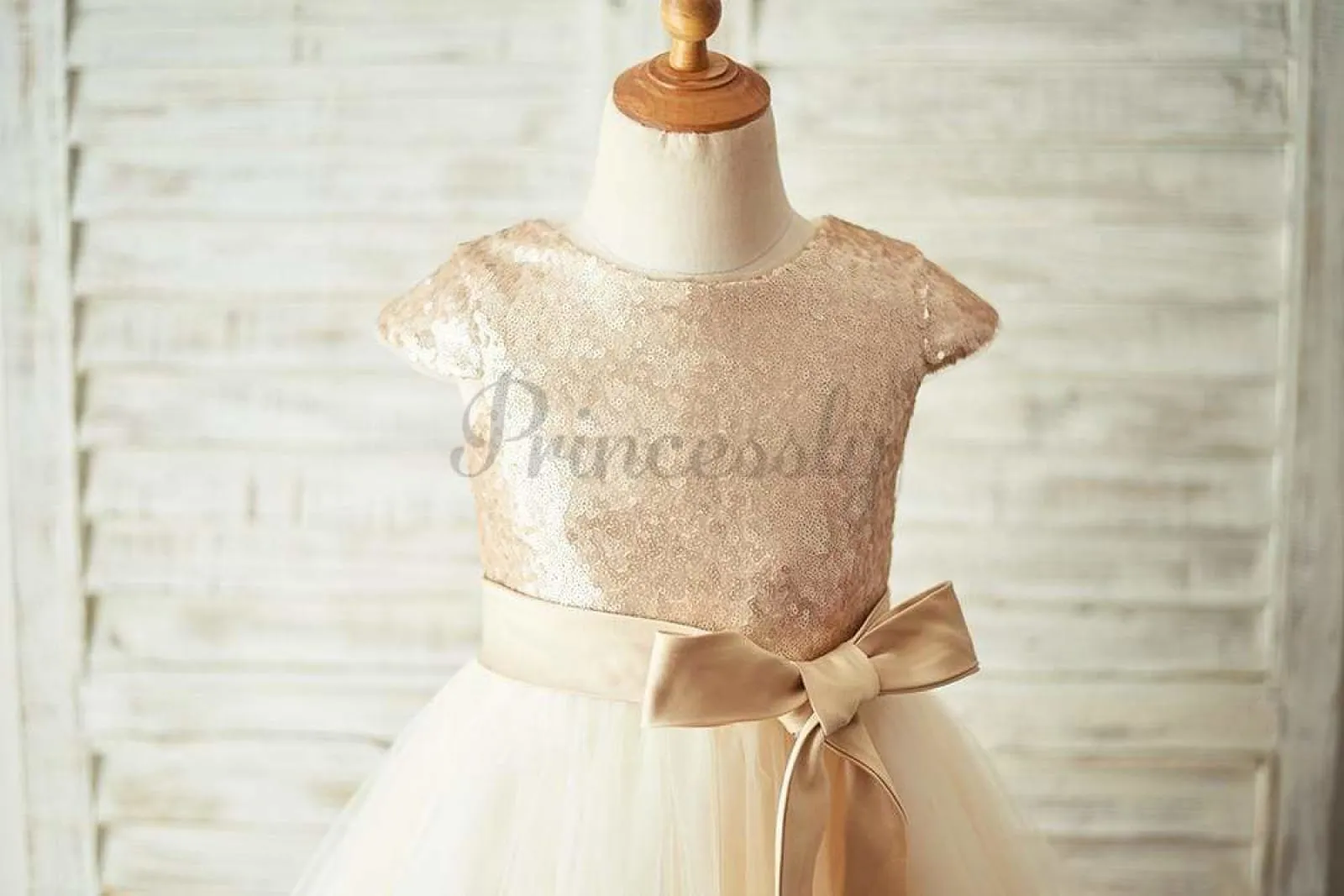 $75 SALE: Champagne Sequin Tulle Flower Girl Dress with Cap Sleeves