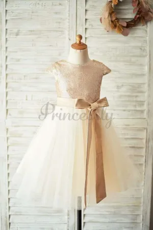 $75 SALE: Champagne Sequin Tulle Flower Girl Dress with Cap Sleeves
