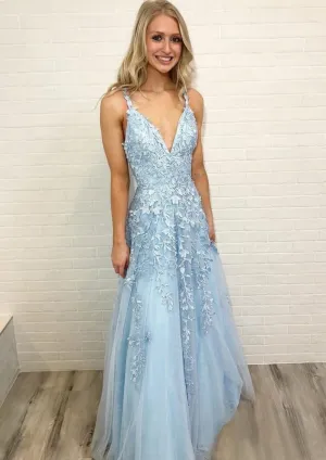 A-line Backless Strap Sleeveless Long Tulle Sky Blue Evening Formal Dress