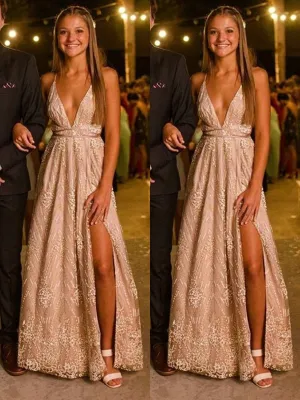 A Line V Neck Backless Lace Champagne Long Prom with Leg Slit, Backless Formal, Lace Graduation Evening