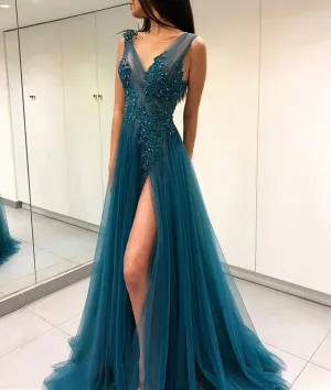 A Line V Neck Open Back Lace Green Tulle Long Prom Dresses, Green Backless Lace Formal Graduation Evening Dresses