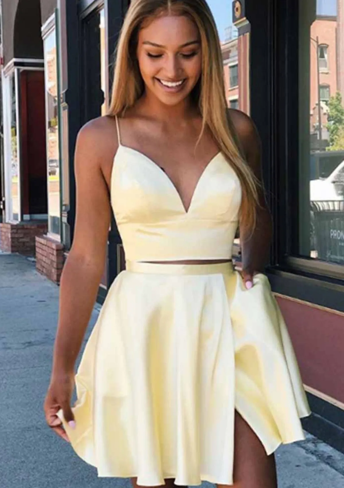A-line V Neck Sleeveless Charmeuse Short Mini Homecoming Dress, Split Pockets