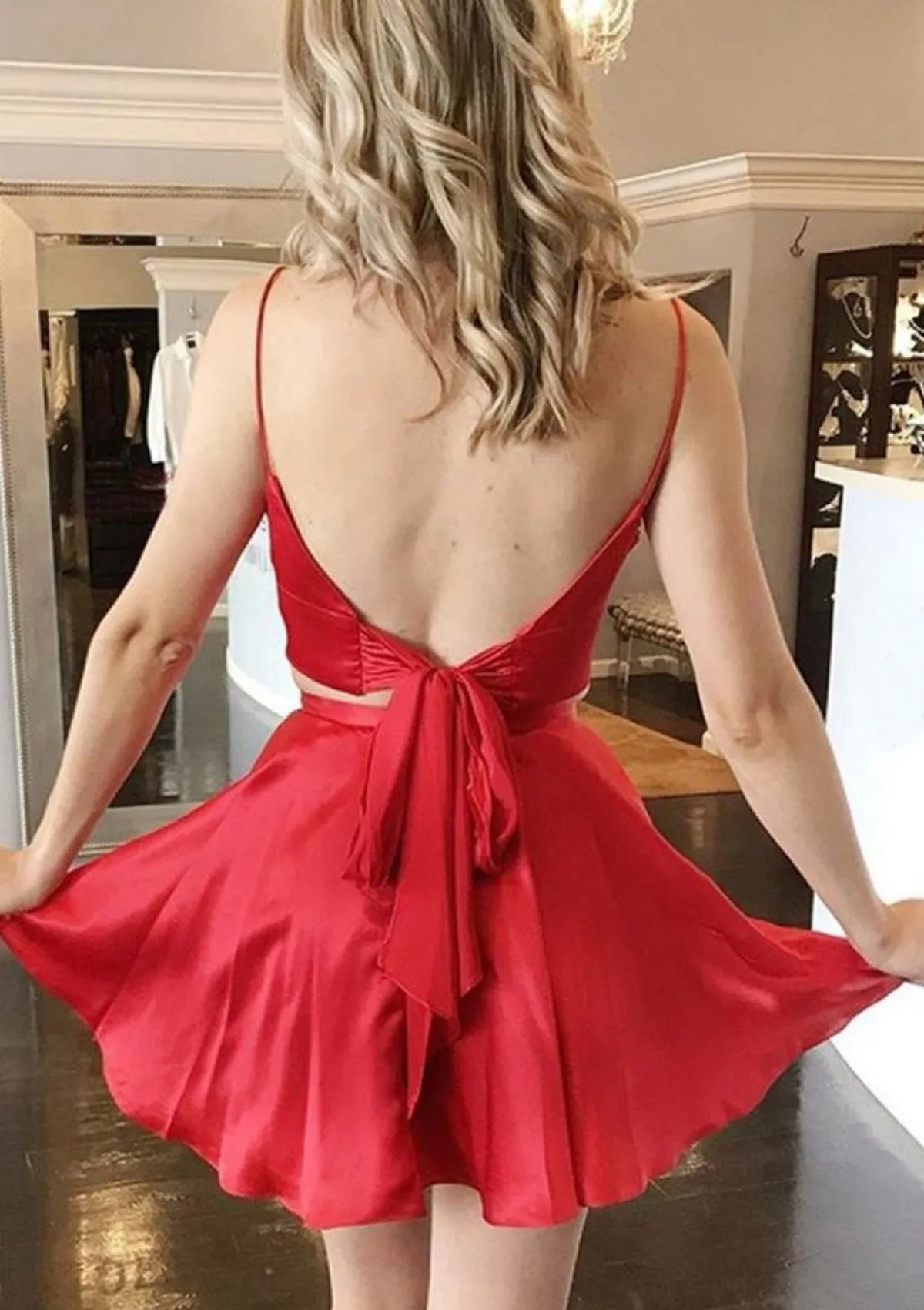 A-line V Neck Sleeveless Charmeuse Short Mini Homecoming Dress, Split Pockets