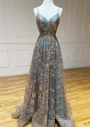 A-line V Neck Sleeveless Floor Length Sweep Train Tulle Satin Prom Dress, Lace Split