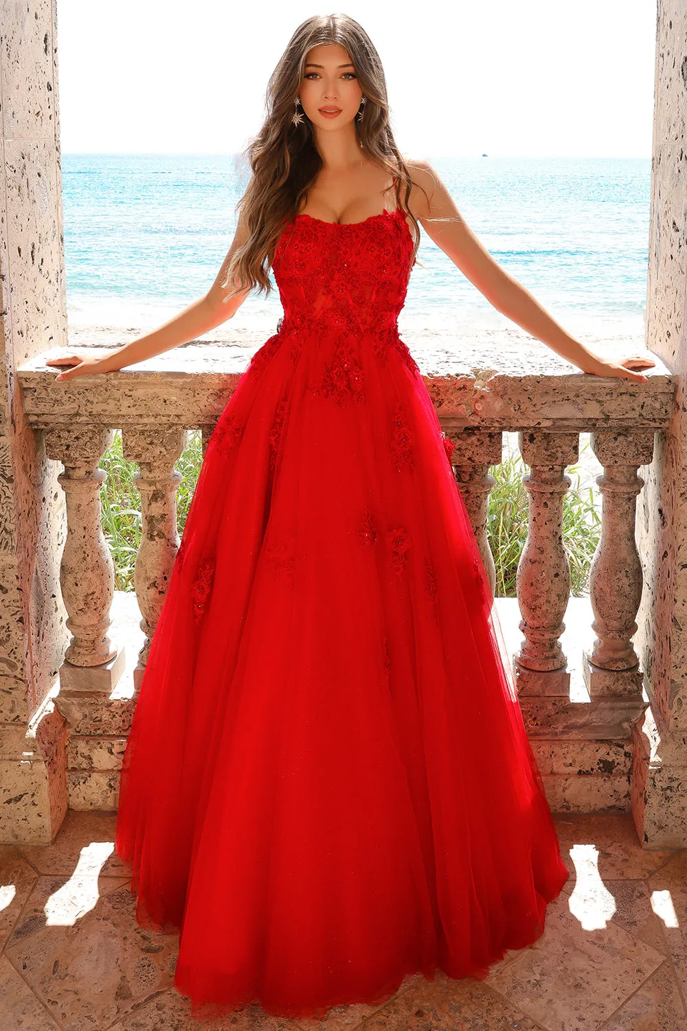 AC 7035 - Beaded Floral Applique A-Line Prom Gown With Sheer Boned Bodice & Lace Up Corset Back