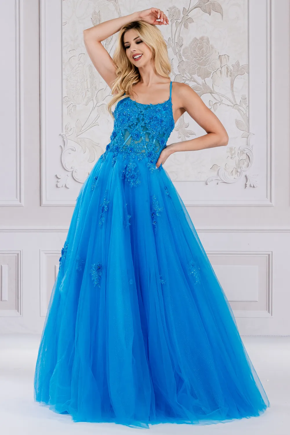 AC 7035 - Beaded Floral Applique A-Line Prom Gown With Sheer Boned Bodice & Lace Up Corset Back