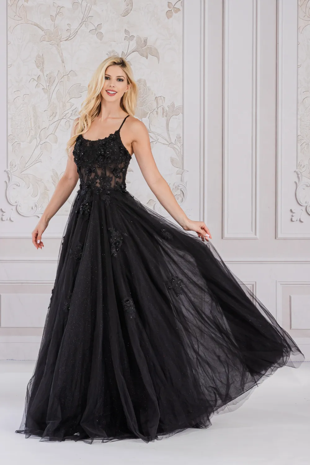 AC 7035 - Beaded Floral Applique A-Line Prom Gown With Sheer Boned Bodice & Lace Up Corset Back