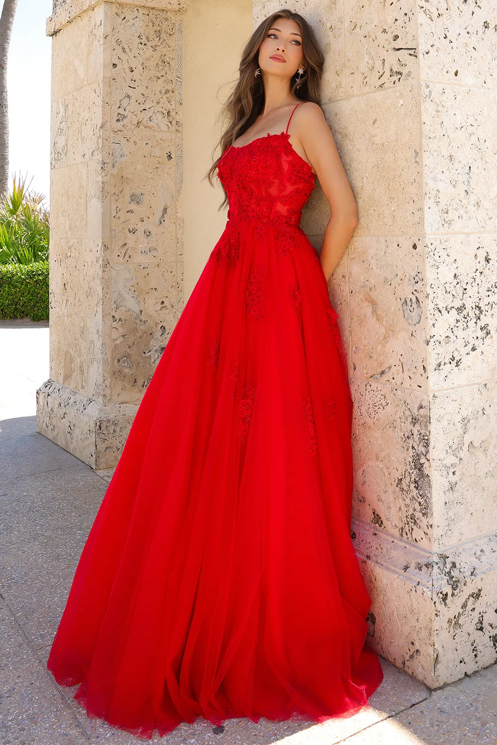AC 7035 - Beaded Floral Applique A-Line Prom Gown With Sheer Boned Bodice & Lace Up Corset Back