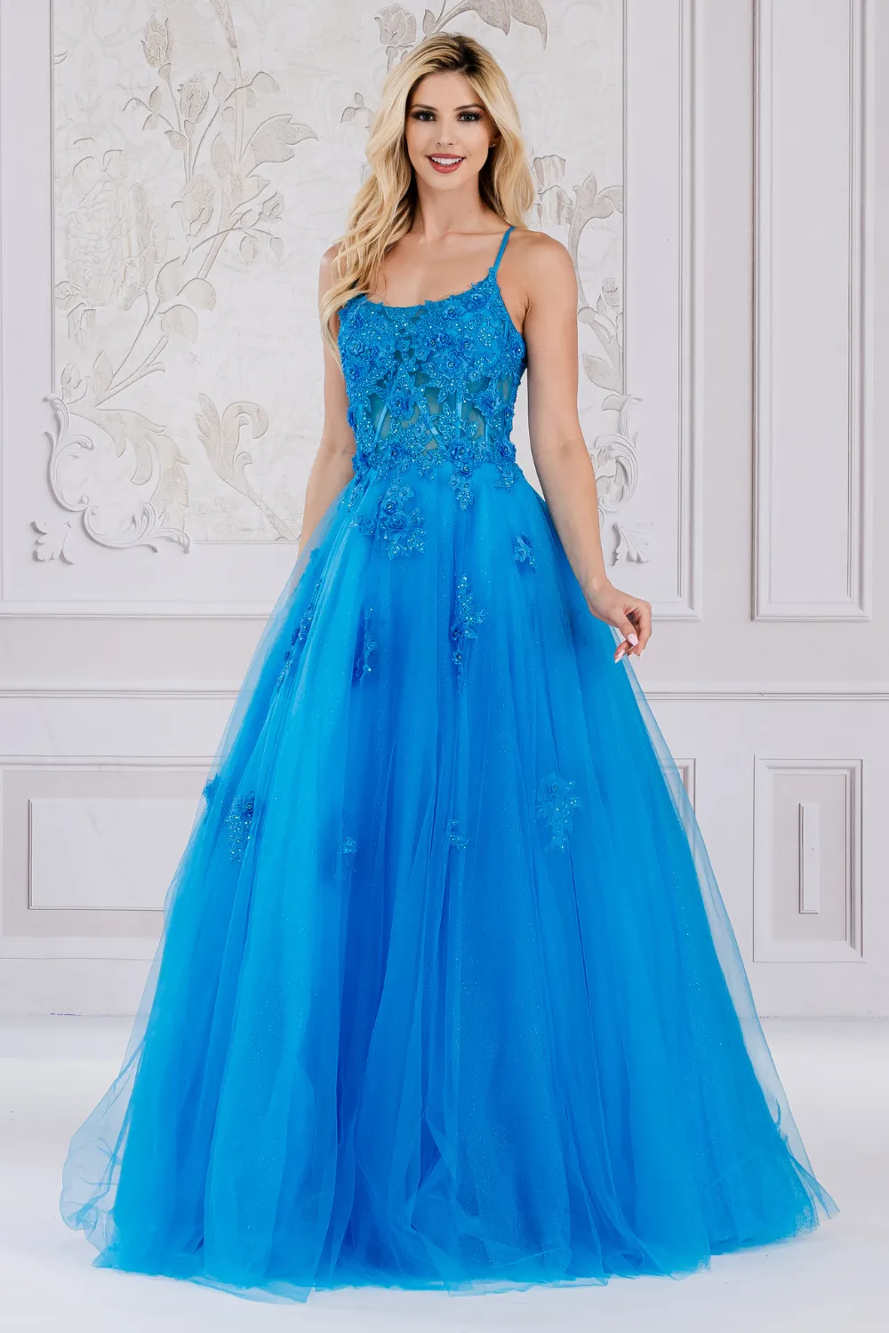AC 7035 - Beaded Floral Applique A-Line Prom Gown With Sheer Boned Bodice & Lace Up Corset Back