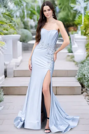 AC 7057 - Strapless Stretch Jersey Fit & Flare Prom Gown with Boned Corset Bodice Bead Embellished Waist & Leg Slit