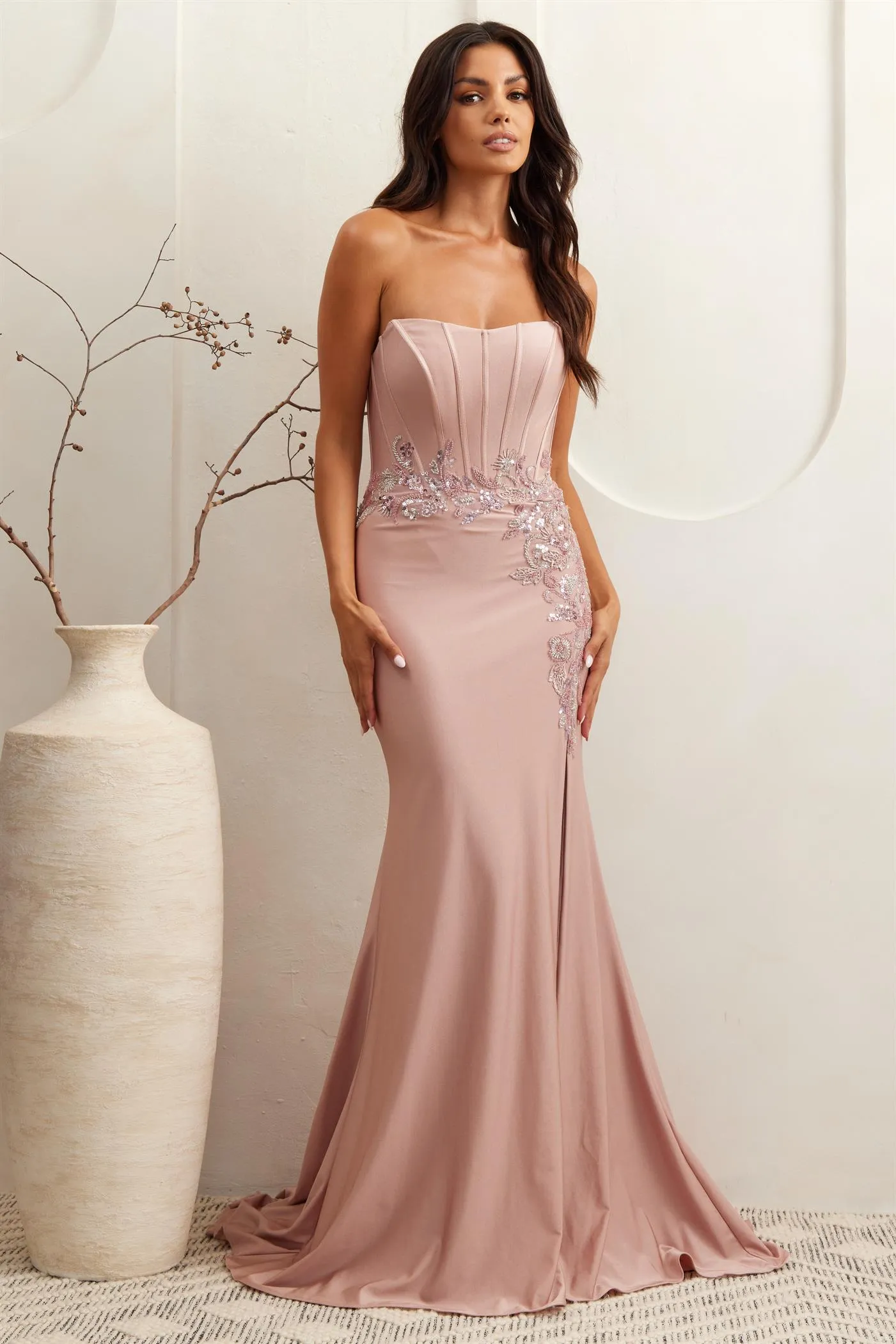 AC 7057 - Strapless Stretch Jersey Fit & Flare Prom Gown with Boned Corset Bodice Bead Embellished Waist & Leg Slit