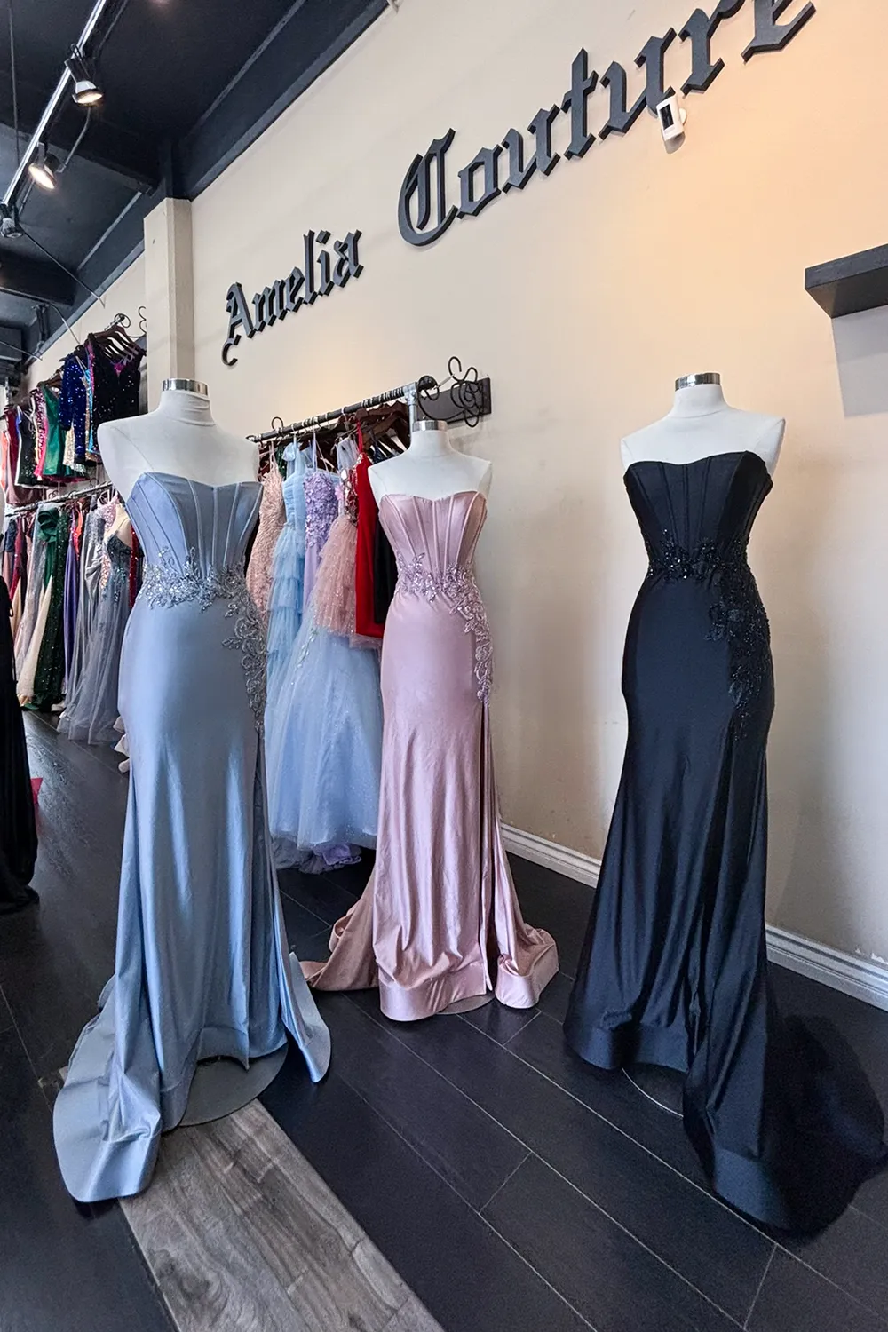 AC 7057 - Strapless Stretch Jersey Fit & Flare Prom Gown with Boned Corset Bodice Bead Embellished Waist & Leg Slit