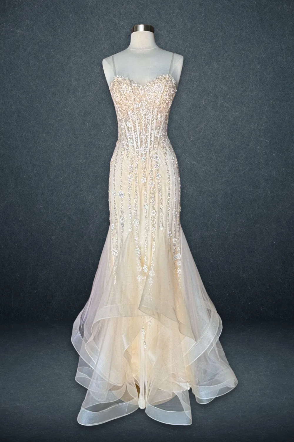 AC 8002 - Strapless 3D Floral & Beaded Embellishment Mermaid Prom Gown with Sheer Corset Bodice & Open Lace Up Back