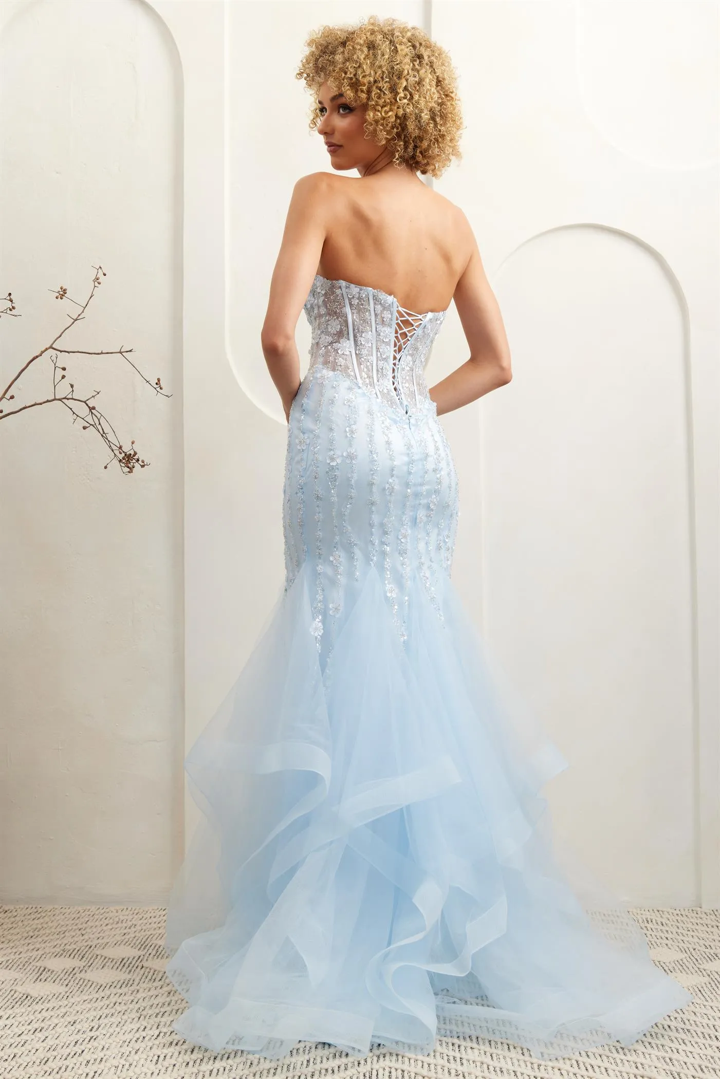 AC 8002 - Strapless 3D Floral & Beaded Embellishment Mermaid Prom Gown with Sheer Corset Bodice & Open Lace Up Back