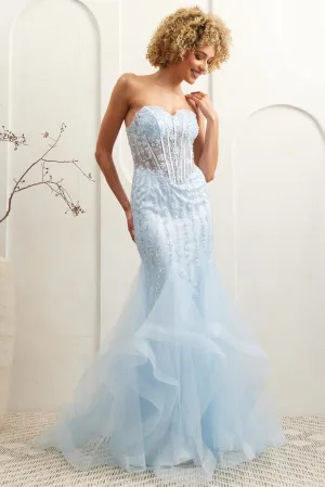 AC 8002 - Strapless 3D Floral & Beaded Embellishment Mermaid Prom Gown with Sheer Corset Bodice & Open Lace Up Back