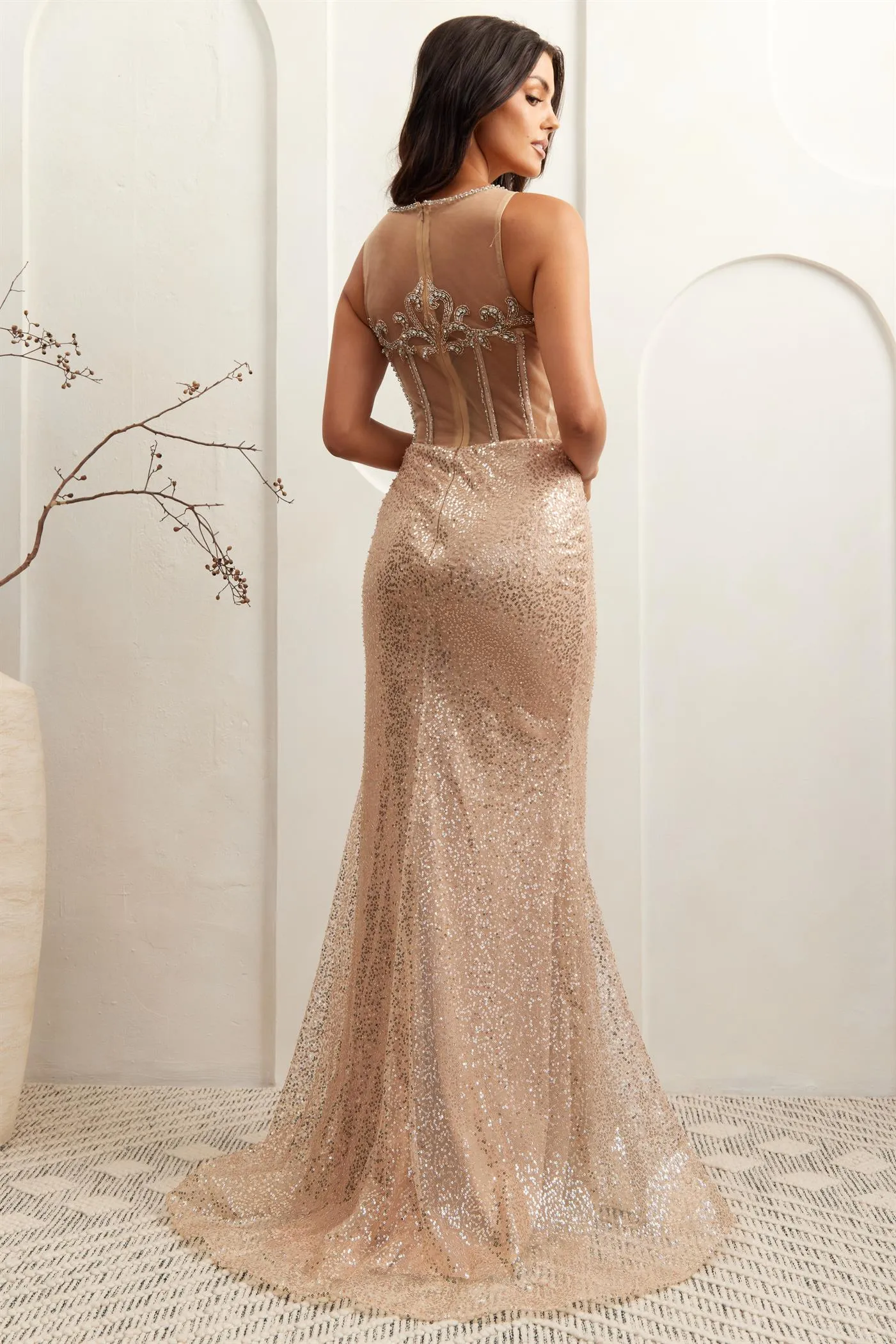 AC AG0111 - Iridescent Fit & Flare Prom Gown with Beaded Lace Halter Neck & Leg Slit