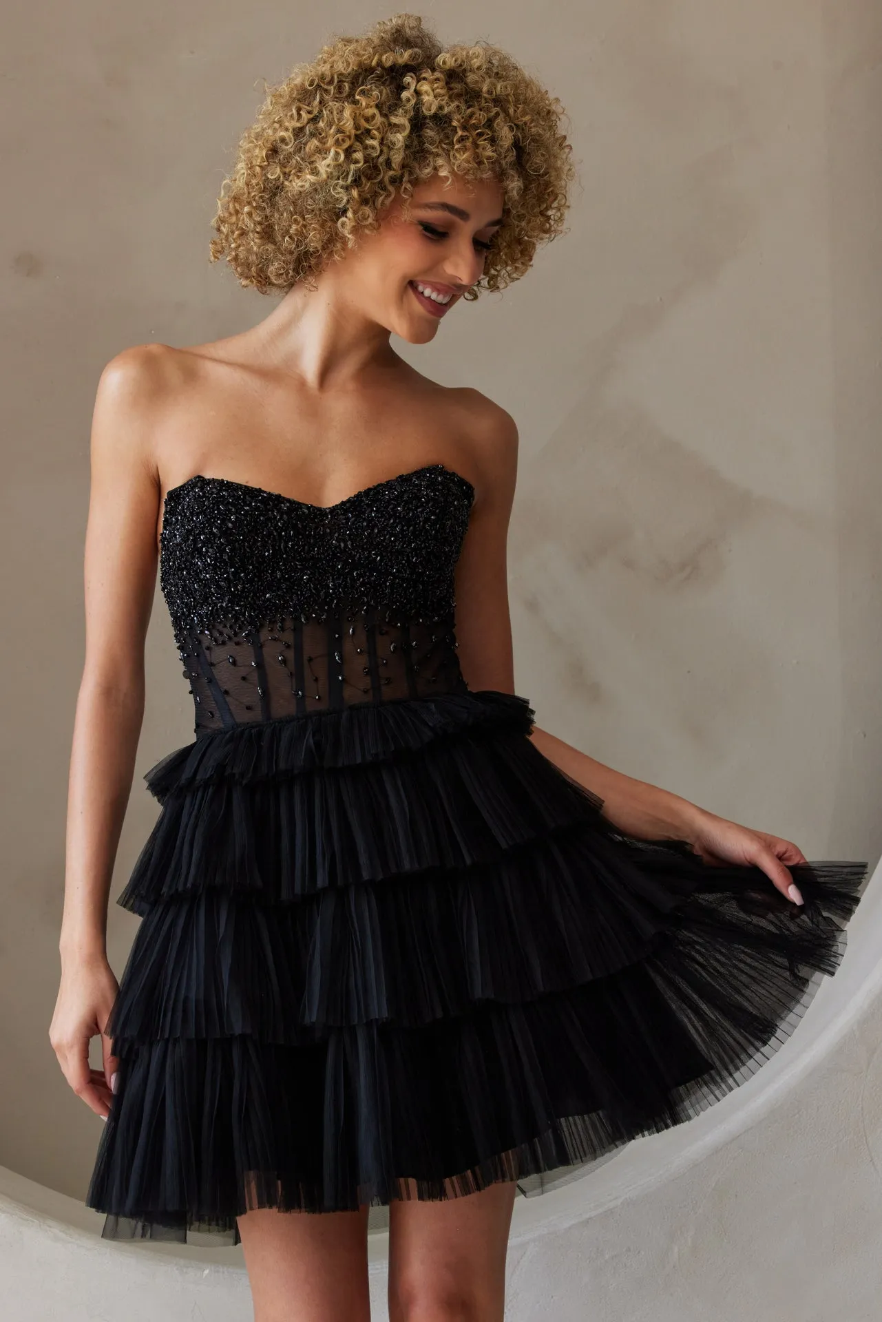 AC BZ9999S - Short Strapless A-Line Homecoming Dress with Shimmery Layered Tulle & Sheer Rhinestone Bodice