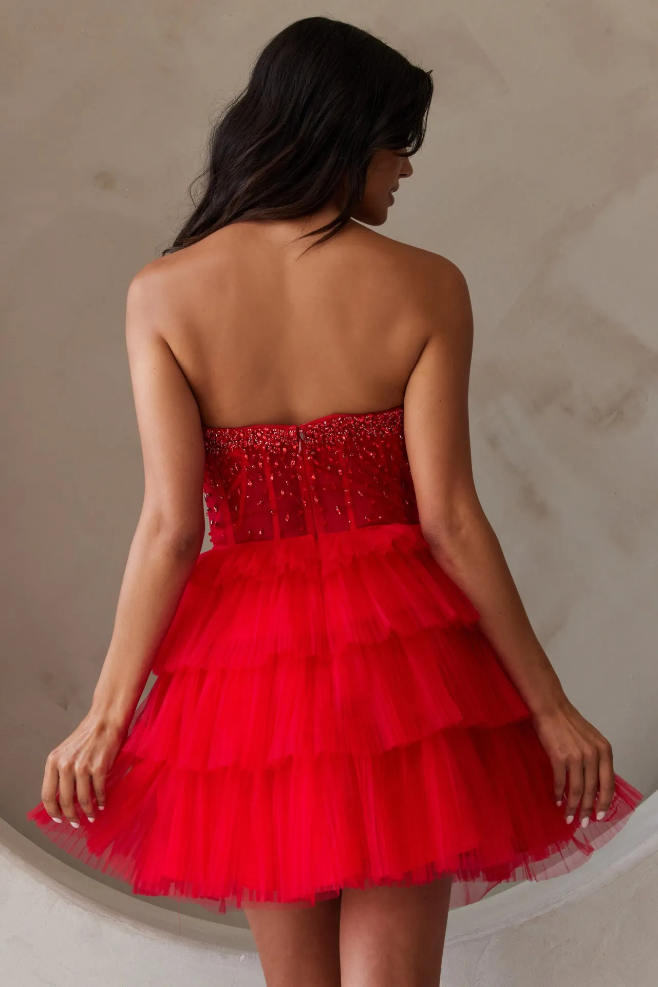 AC BZ9999S - Short Strapless A-Line Homecoming Dress with Shimmery Layered Tulle & Sheer Rhinestone Bodice