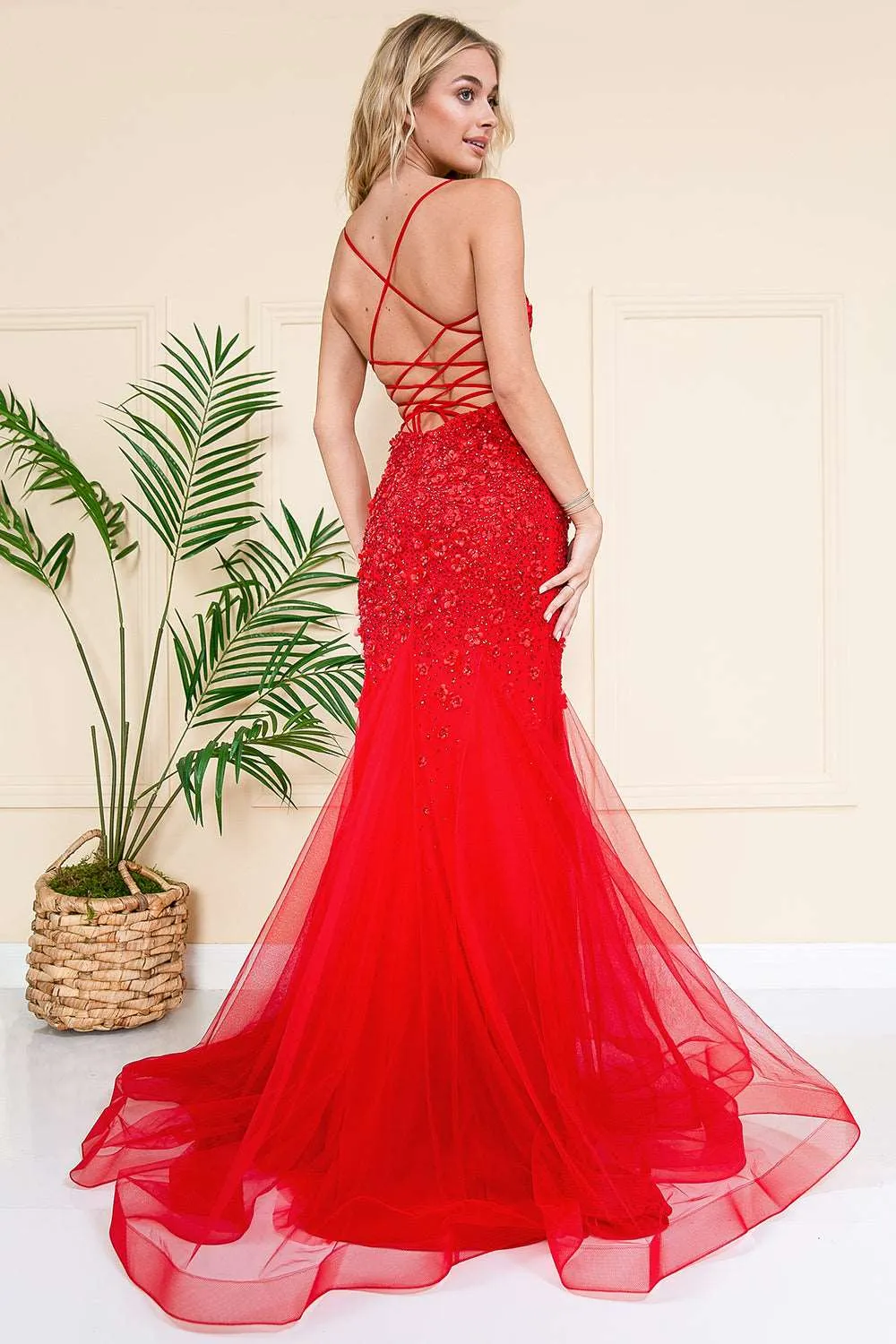 AC SU066 - Rhinestone Embellished Fit & Flare Prom Gown with Open Lace Up Corset Back