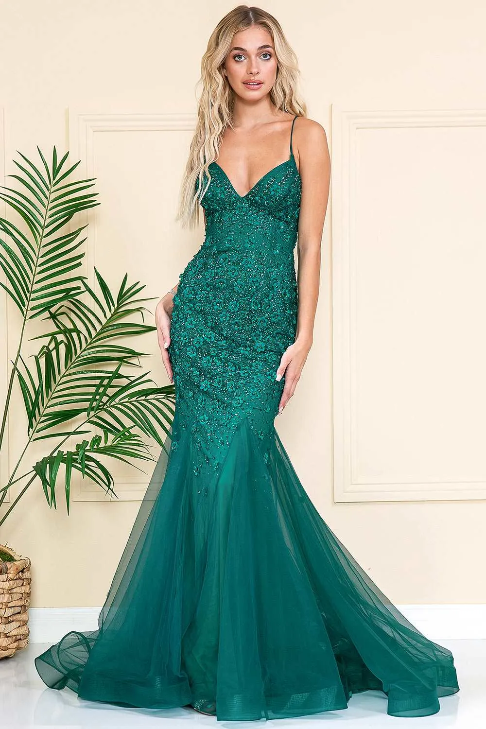 AC SU066 - Rhinestone Embellished Fit & Flare Prom Gown with Open Lace Up Corset Back