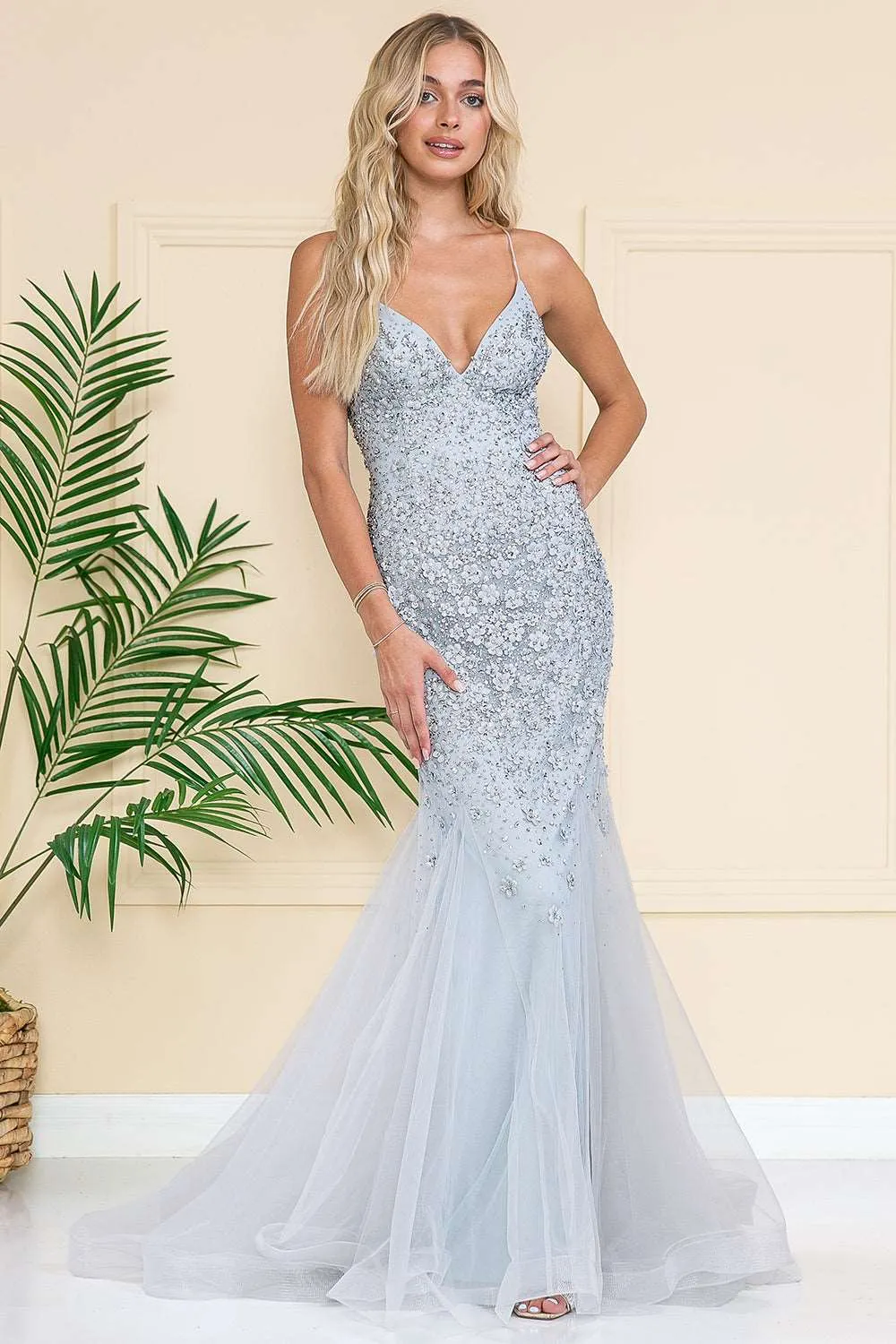 AC SU066 - Rhinestone Embellished Fit & Flare Prom Gown with Open Lace Up Corset Back
