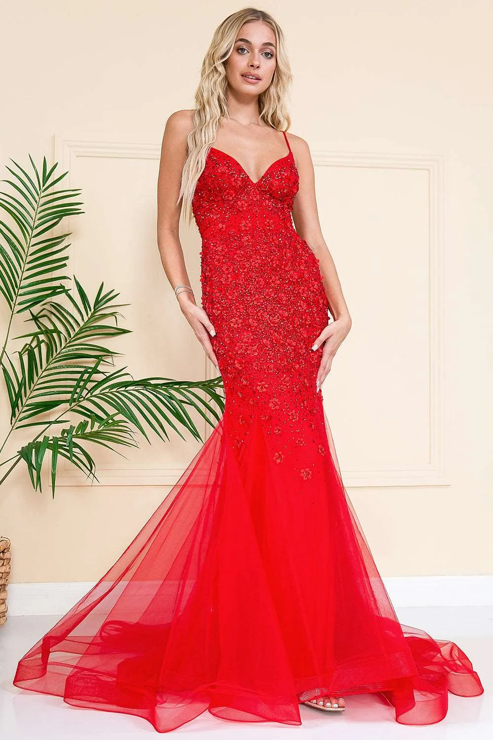 AC SU066 - Rhinestone Embellished Fit & Flare Prom Gown with Open Lace Up Corset Back