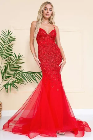 AC SU066 - Rhinestone Embellished Fit & Flare Prom Gown with Open Lace Up Corset Back