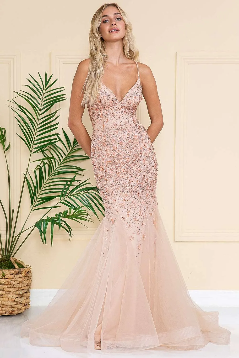 AC SU066 - Rhinestone Embellished Fit & Flare Prom Gown with Open Lace Up Corset Back