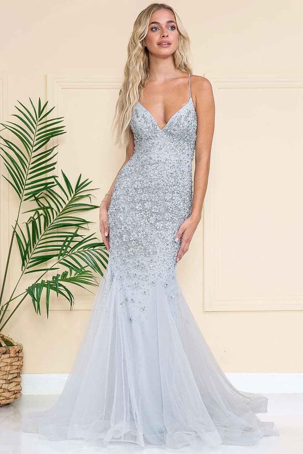 AC SU066 - Rhinestone Embellished Fit & Flare Prom Gown with Open Lace Up Corset Back